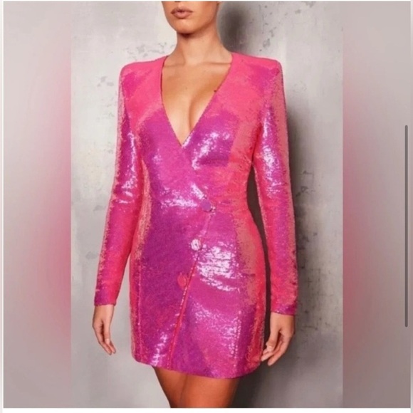 Nadine Merabi Bailey Deep Plunge Sequin Mini Blazer Dress Hot Pink NWT - Picture 10 of 12
